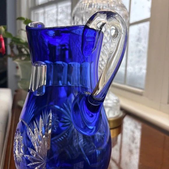 Bohemian Cobalt Blue Cut Crystal Pitcher | Hand Cut Czech Lead Crystal Barware - Picture 10 of 15
